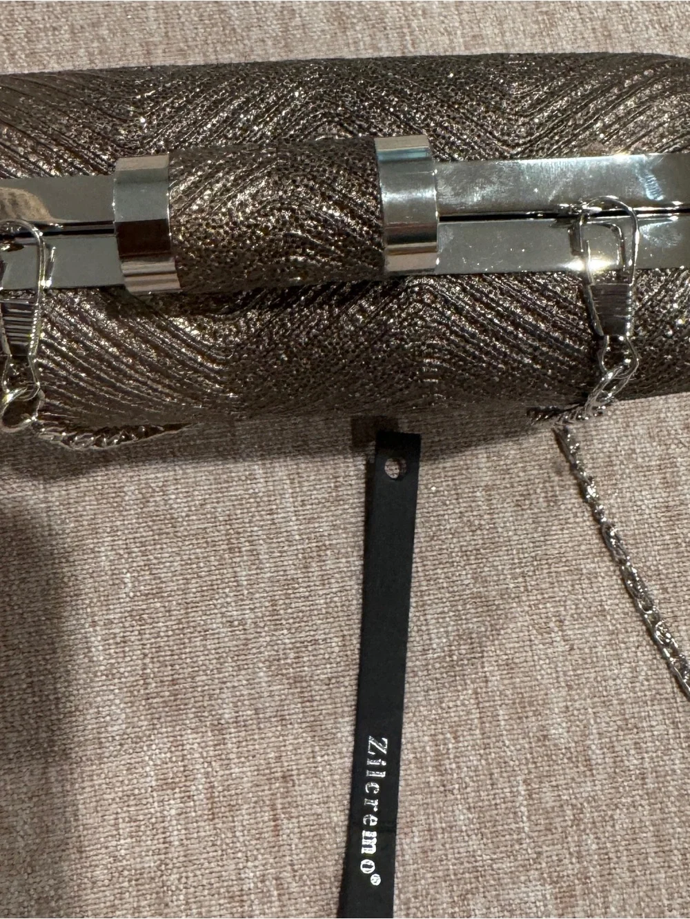 Zilcremo Bronze Metallic Wave-Textured Evening Clutch with Chain